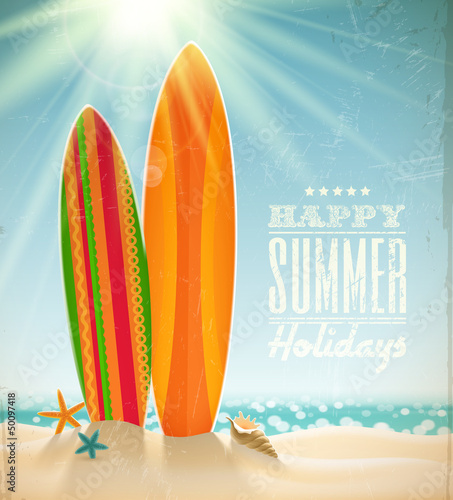 Vector: Surfboards on a beach against a sunny seascape Surfboards on a beach against a sunny seascape