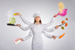 Woman chef pointing empty blank copy space isolated on white