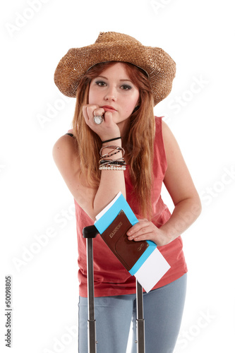 Photo: young girl with suitcase on white young girl with suitcase on white