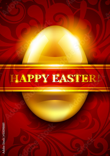 Vector: Happy easter greetings card with golden egg on red background Happy easter greetings card with golden egg on red background
