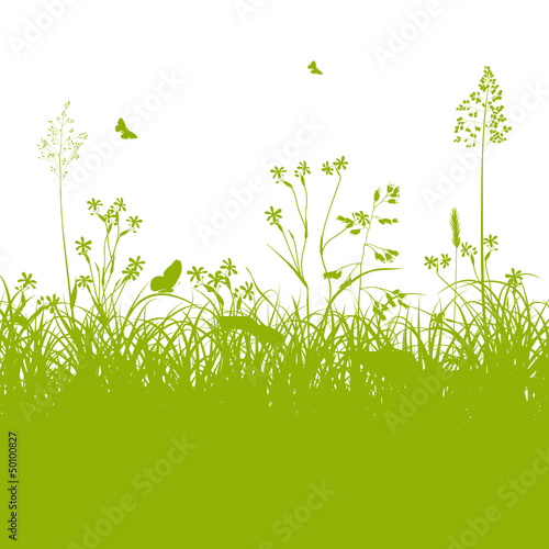 Vector: Blumenwiese, Silhouette, Grün, Schmetterlinge, Hintergrund, 2D Blumenwiese, Silhouette, Grün, Schmetterlinge, Hintergrund, 2D