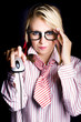Intelligent female computer geek coding with mouse