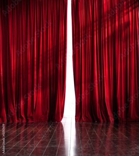 Illustration: Theater red curtain opening Theater red curtain opening