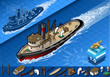 isometric old tugboat in navigation