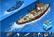 isometric old tugboat in navigation