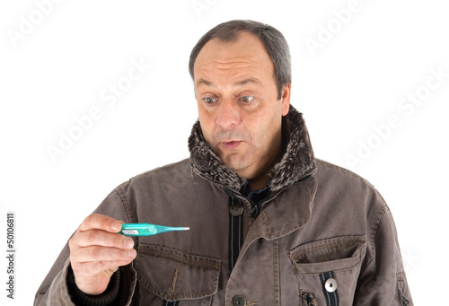 Photo: Mann mit Fieberthermometer Mann mit Fieberthermometer