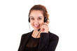 Portrait of a happy young call center employee smiling with a he
