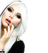 Beauty Fashion Girl black and white style. Long White Hair