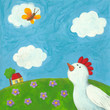 Funny hen and butterfly