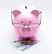 Tirelire avec lunettes sur billets et pièces euros