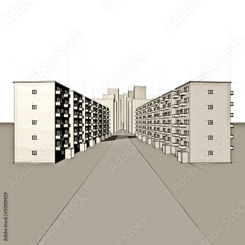 Illustration: sketch of apartment houses in front of big city sketch of apartment houses in front of big city