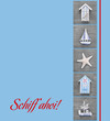 Schiff ahoi! Maritimer Hintergrund blau mit Holz und Strandgut