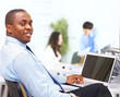 Portrait of  entrepreneur displaying computer laptop