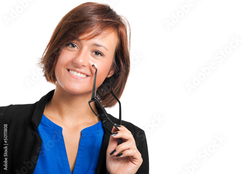 Photo: Young secretary holding her glasses isolated on white Young secretary holding her glasses isolated on white