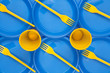 bright plastic disposable tableware, background