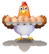 A hen holding a tray of eggs
