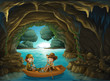 A cave with two kids riding in a wooden boat