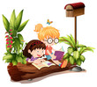 Two young girls near the wooden mailbox