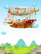 Bunnies with eggs riding in an airship