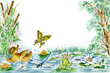 Butterfly, duckling and frog are playing together on the pond.