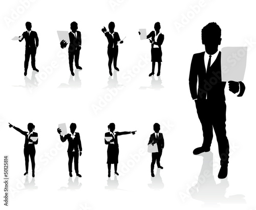Vector: business people set holding up paper signs business people set holding up paper signs