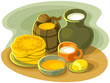 Stillife with pancakes, milk, butter and honey
