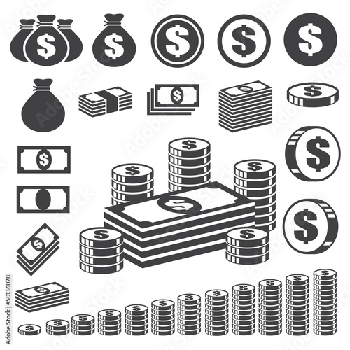 Vector: Money and coin icon set. Money and coin icon set.