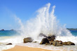 Big wave crashes on to the shore. Nacpan Beach. El Nido