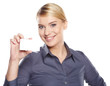 Businesswoman holding credit card. Isolated on white