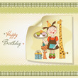 Happy Birthday card with funny girl, animals and cupcakes
