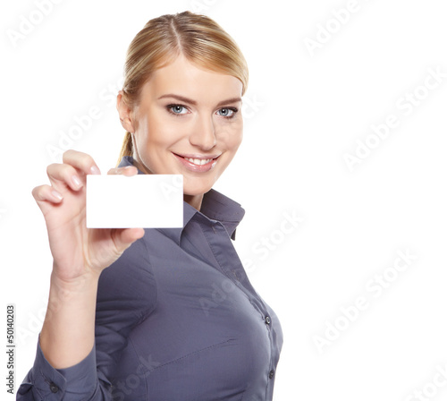 Photo: Businesswoman holding credit card. Isolated on white Businesswoman holding credit card. Isolated on white
