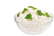 Fresh cottage cheese (curd) in glass bow, isolated on white back