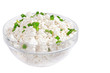 Fresh cottage cheese (curd) in glass bow, isolated on white back