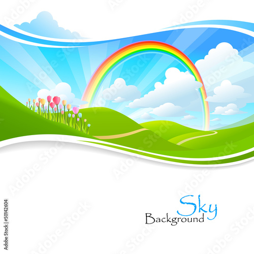 Vector: Rainbow , Green hills and Blue Sky Rainbow , Green hills and Blue Sky