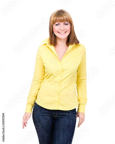 Photo: funny cute smiling woman on white background funny cute smiling woman on white background