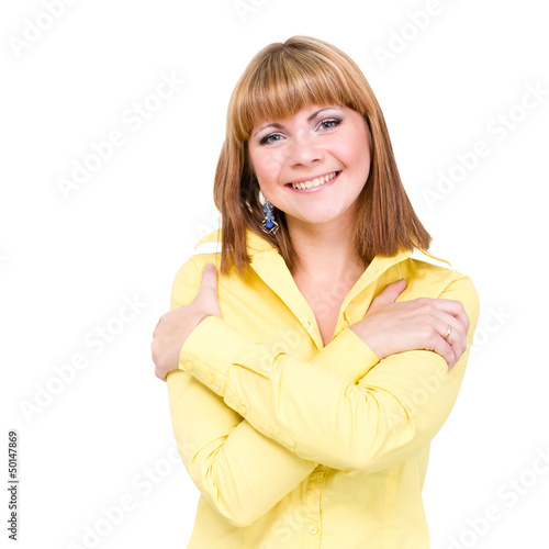 Photo: funny cute smiling woman on white background funny cute smiling woman on white background