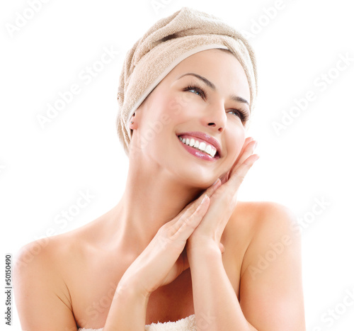 Photo: Beautiful Girl After Bath Touching Her Face. Skincare Beautiful Girl After Bath Touching Her Face. Skincare