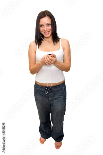 Photo: woman listens to player woman listens to player