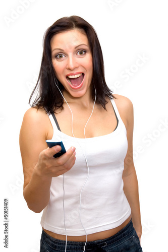 Photo: woman listens to player woman listens to player
