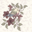Vector illustration of a colorful bird and blooming flowers