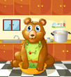 A bear holding a bowl of vegetables inside the kitchen