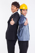 Asian business man and engineer show thumbs.