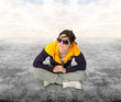 Photo: casual girl sitting on cement floor casual girl sitting on cement floor