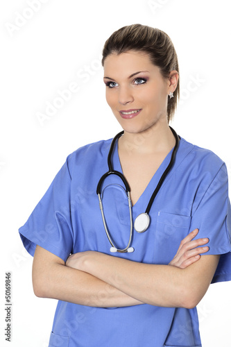 Photo: Portrait of woman doctor in blue uniform Portrait of woman doctor in blue uniform