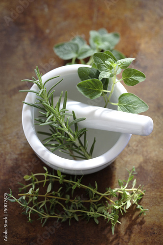 Photo: Mortar and pestle with fresh herbs Mortar and pestle with fresh herbs