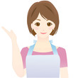 女性　エプロン　案内　示す