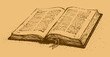 Vector drawing. Old open book with a bookmark