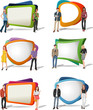 Cartoon young people in front of colorful screens