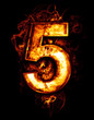 five, illustration of  number with chrome effects and red fire o