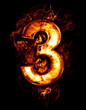 three, illustration of  number with chrome effects and red fire